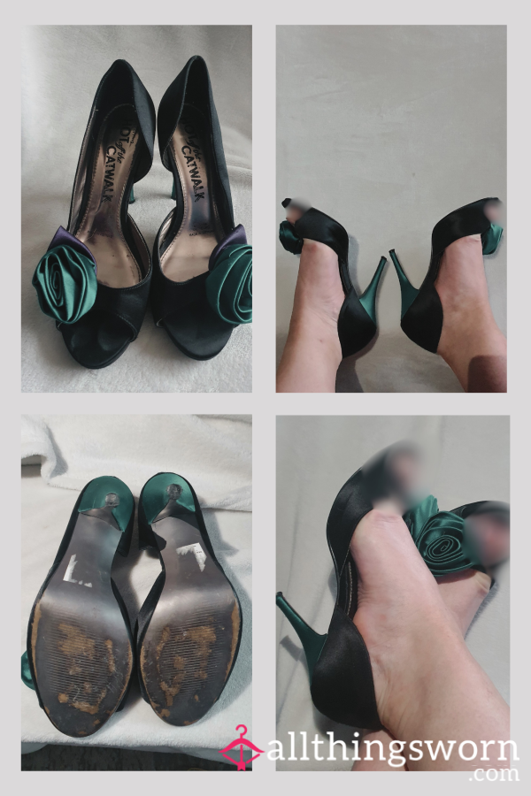 S**y Black Satin P**p Toe Heels With Teal & Purple Satin Rose