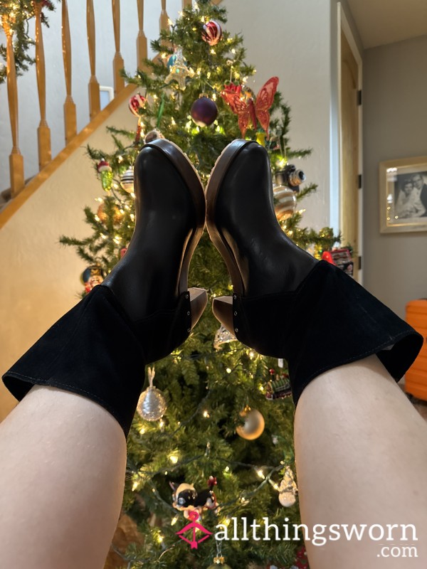 S**y Black Suede/leather Pump Heeled Boots Size 10