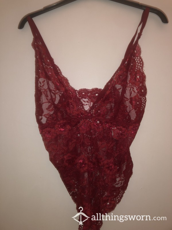 S**y Burgundy Red Mesh Worn Eyelet Lace Lingerie Bodysuit