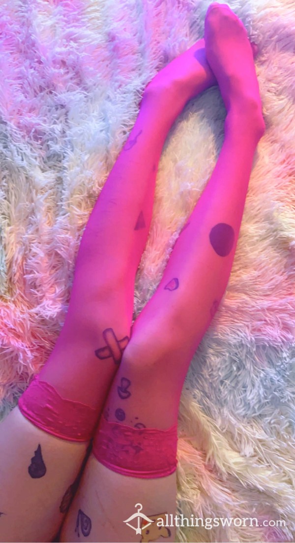 S**y Hot Pink Thigh High Stockings With Lace Trim