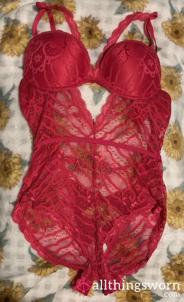 S**y Pink Lace One Piece Open Bottom Slit  Ready For Extra Fun