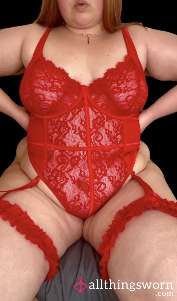 ❤️ S**y Red Lace Plus Size G-String Thong Bodysuit With Garters ❤️