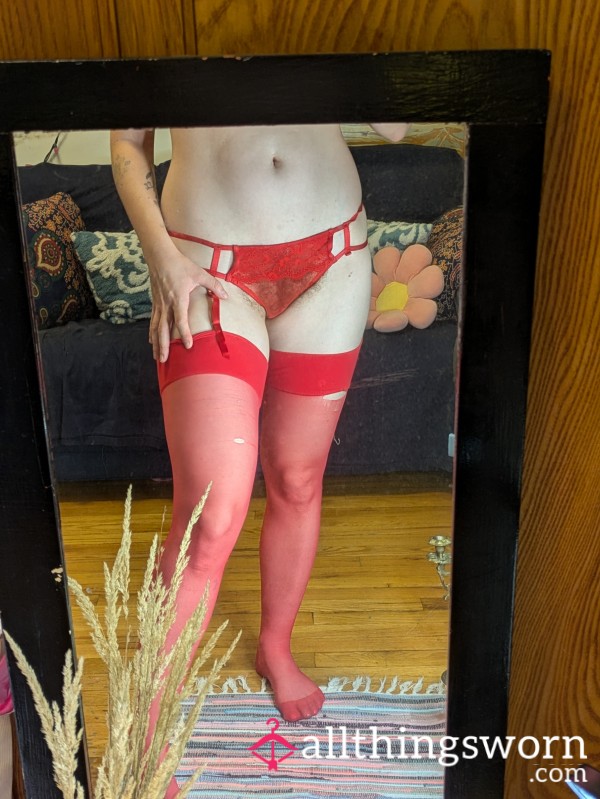 S**y Used Red Lingerie Garter Panties And Thigh High Stockings