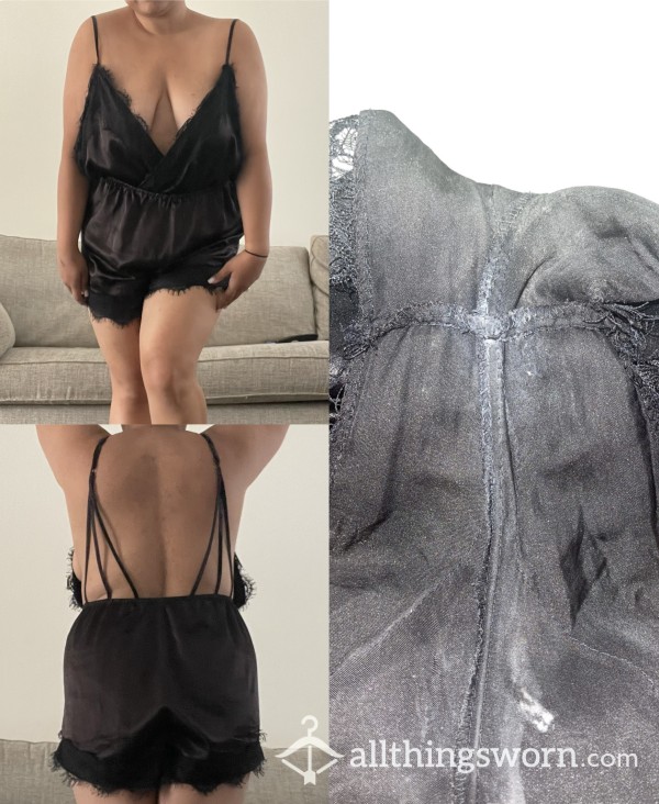 S**y Worn & Creamy Black Silk/Satin All In One With Lace