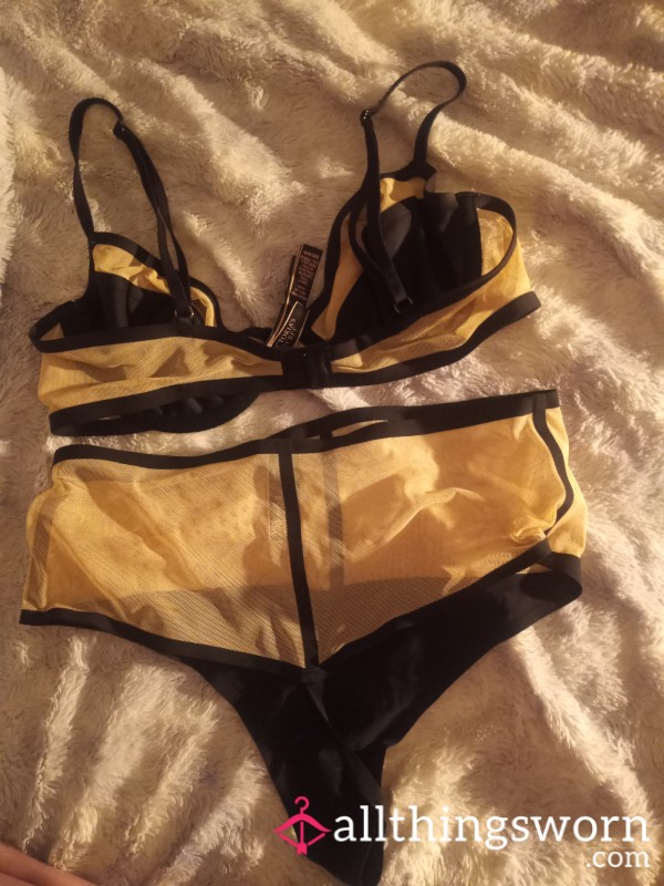 Sheer Beige, And Black Victoria Secrets Matching Set. Light Wear