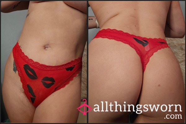 Sheer Kiss Print Thong- Red & Black