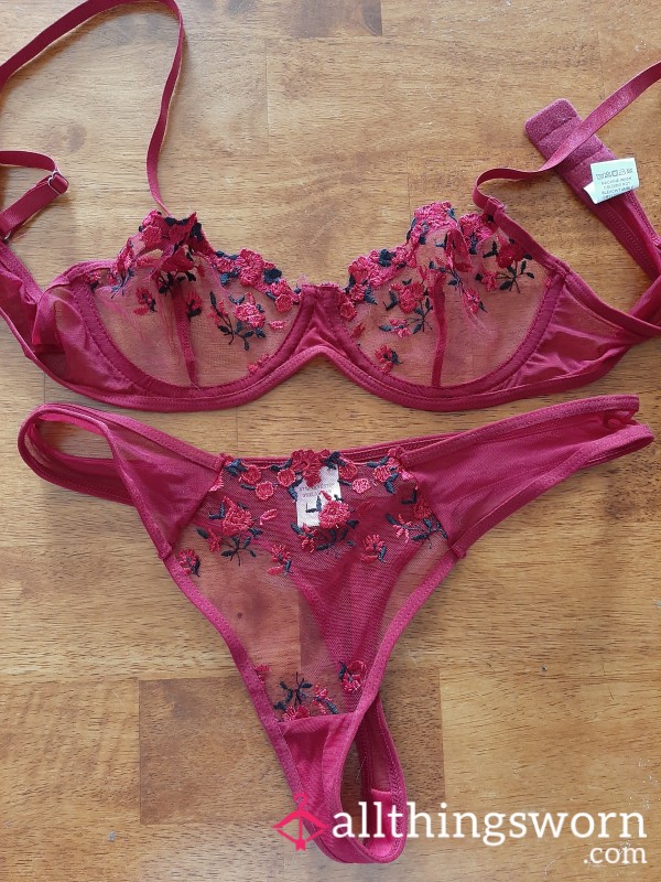 Sheer Red Flor*l Thongs