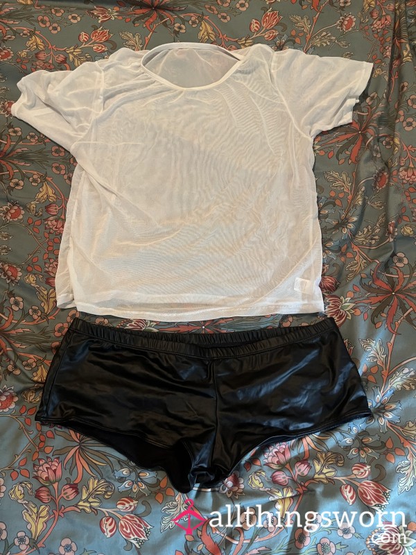 Sheer White Shirt & Black Faux Leather Panties