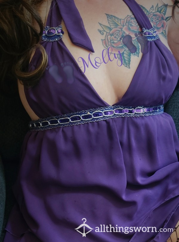 💜Short And S**y Purple Club Dress - Sequin Detail, Tie Halter Top And Tie Back - Very Worn And Loved - Sissy Wear