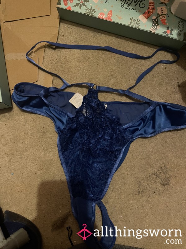 Silky Royal Blue Thong With Waist Strap