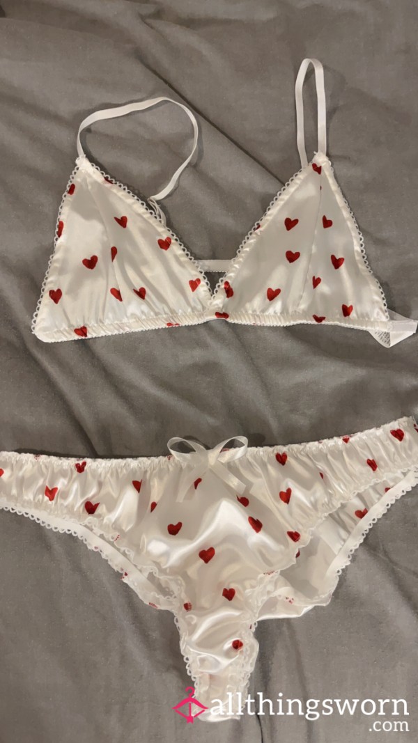 Silky White With Red Heart Print Panty Set ❤️