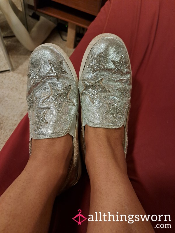 Silver Leather Creepers With Glittery Stars