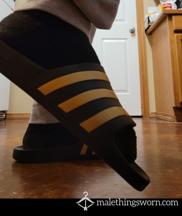 Size 11.5 Black And Gold Adidas Slides