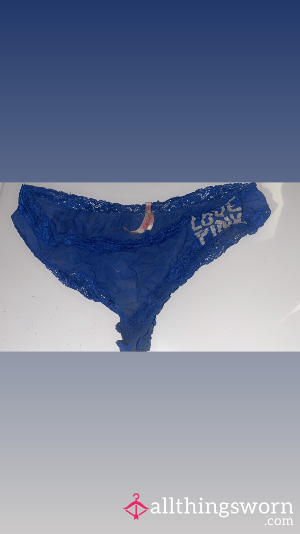 (Size L Fits Like An M) Very Stained Bright Blue VS Victoria’s Secret PINK Cheeky Thong-like Panty With Glitter Letters 💙🩵 Owned For Two Years