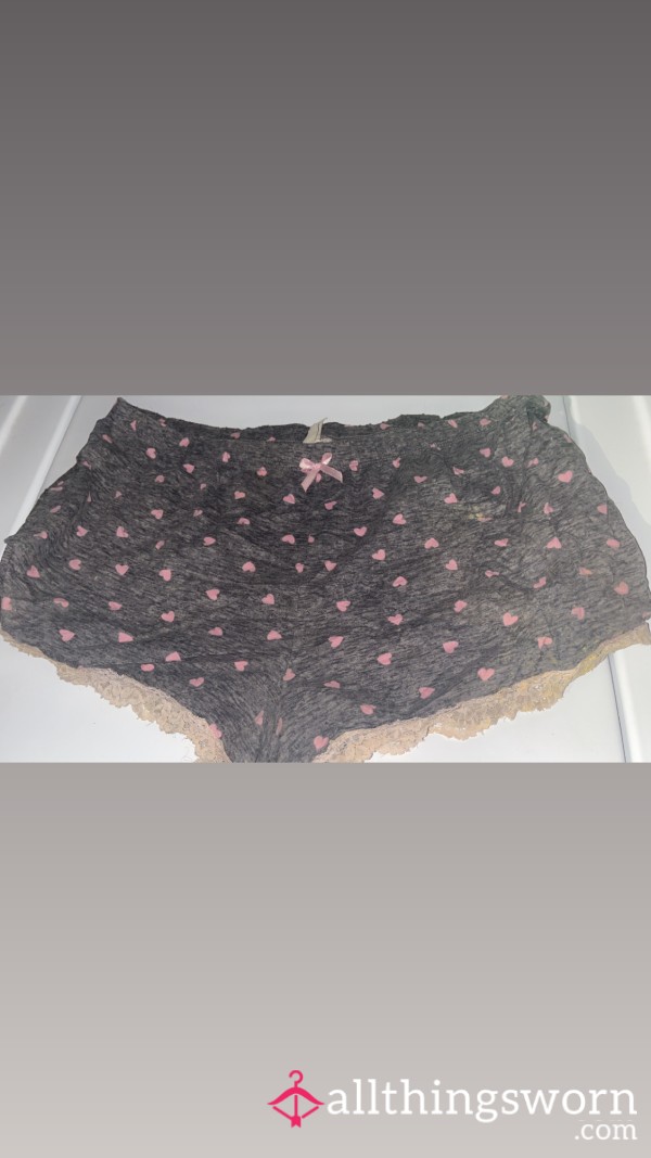 (Size M Can Fit An L-XL) Pink And Grey Lingerie Pajama Sleepwear Short Shorts With Pink Hearts, Very Stained And Well-worn For Two Years