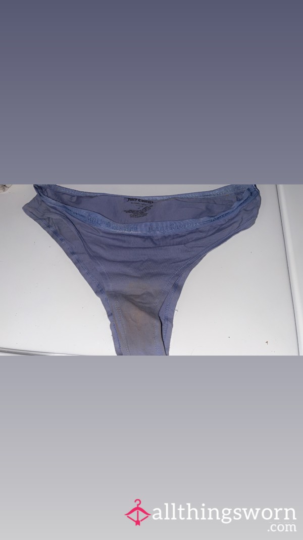 (Size M) Dusty Blue 🍫 Juicy Couture Stained Panties In Back, Discharge Stained In Front Cotton Cheeky Thong-like Panties, Very Stained