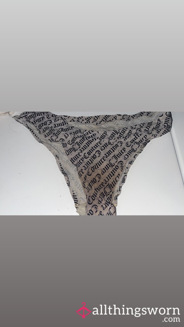 (Size M) Juicy Couture Grey And Black Lettering Thong-type Cheeky Panty Nylon Fabric, 🍫 Stained In Back, Discharge Stained In Front 💋