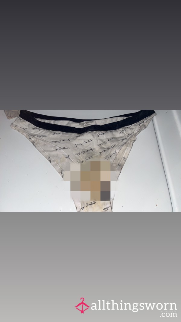 (Size M-L) Juicy Couture White VERY Stained 🍫 In The Back, Pu**y Discharge Stained In The Front 💁🏻‍♀️ Cotton Full-backish Panties