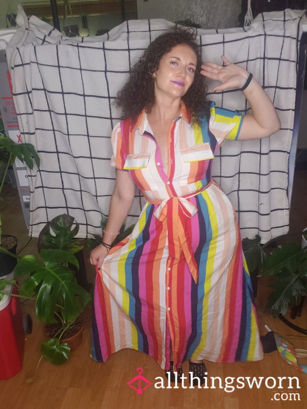 Size M Rainbow Striped Floor Length Bu*ton Up Dress