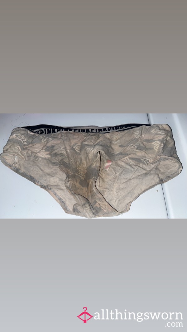 (Size S)  2 Years Owned Camo Super Old And Worn Out Faded VS Victoria’s Secret Stained Slightly In The Back And More Stained In The Front Cheeky Panty 💋😉