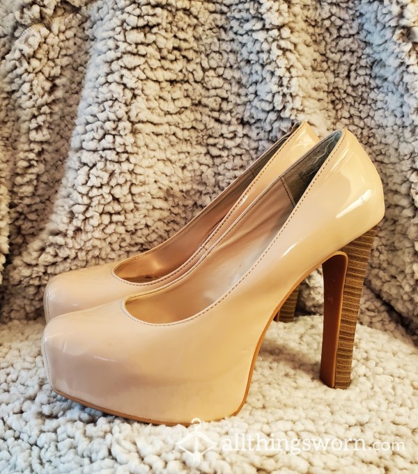 Sky High Nude Platform Heels - Well Worn - Size 8