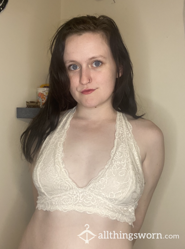 S/M White Lace & Mesh Halter Bralette