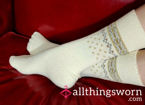 Soft White Boot Socks With Grey & Gold Details Worn By Thicc Redheaded MILF