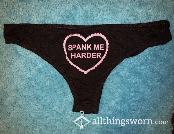 Spank Me Harder Thong - Black - Pink Loveheart - Taste My Juices