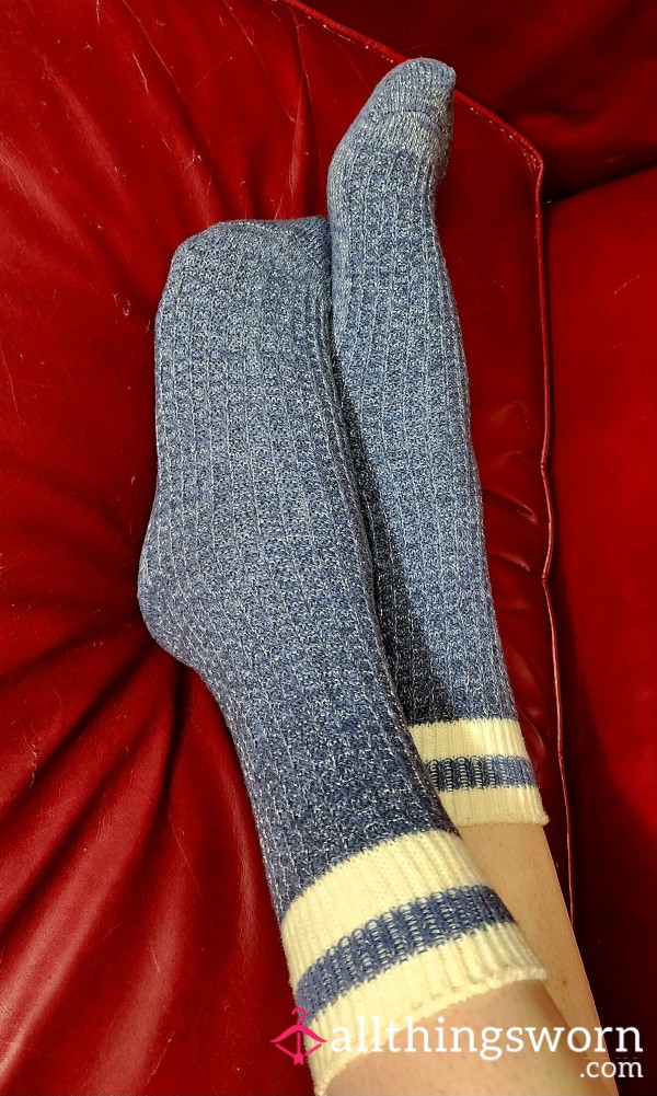 Sparkly Blue Boot Socks With White Striped Cuffs Worn By Tall Curvy MILF