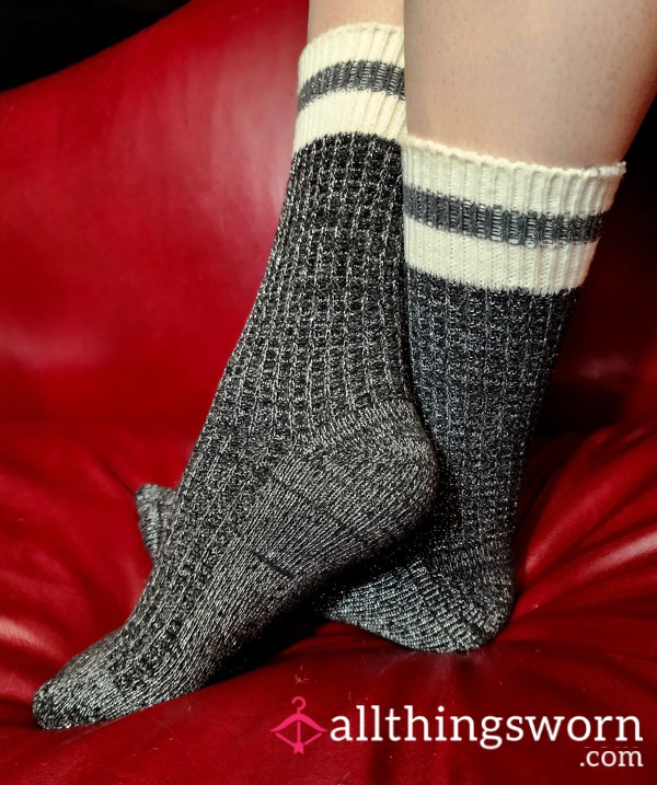 Sparkly Dark Grey Boot Socks With White Striped Cuffs Worn By Tall Thicc MILF