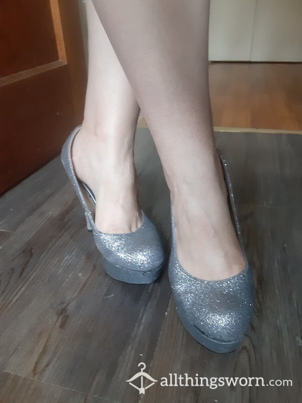 Sparkly Silver Glitter Platform Stilletos Well Worn