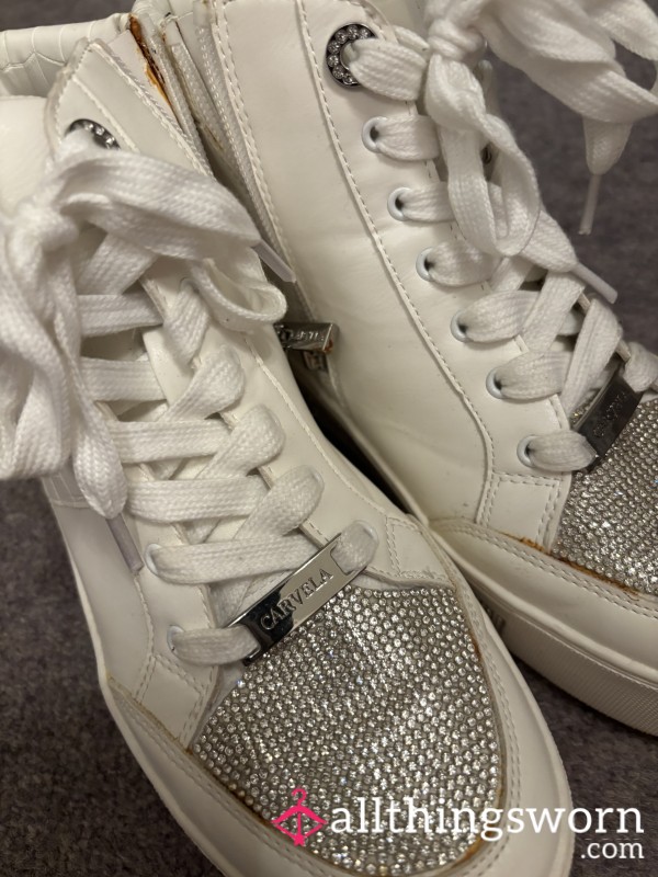 Sparky Worn Designer Flat Trainer Boots In White With Sparkles