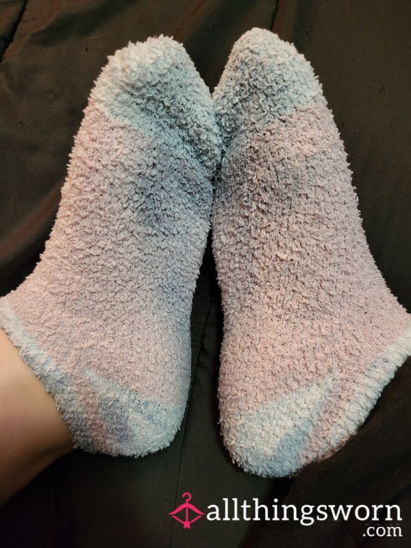 Stained Pink And White Fuzzy Ankle Socks