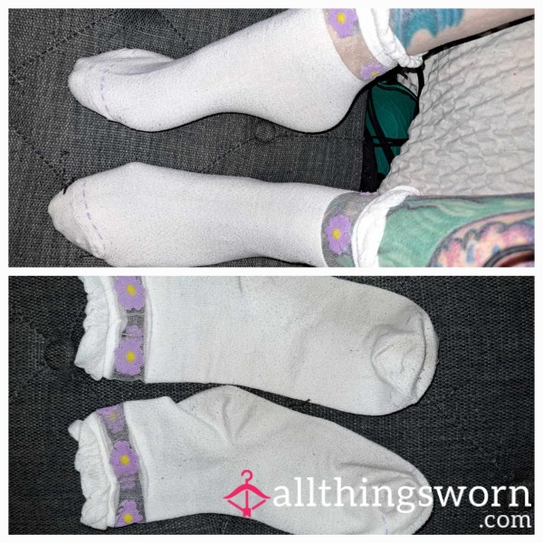 Stained White Socks With Purple Flowers & Mesh