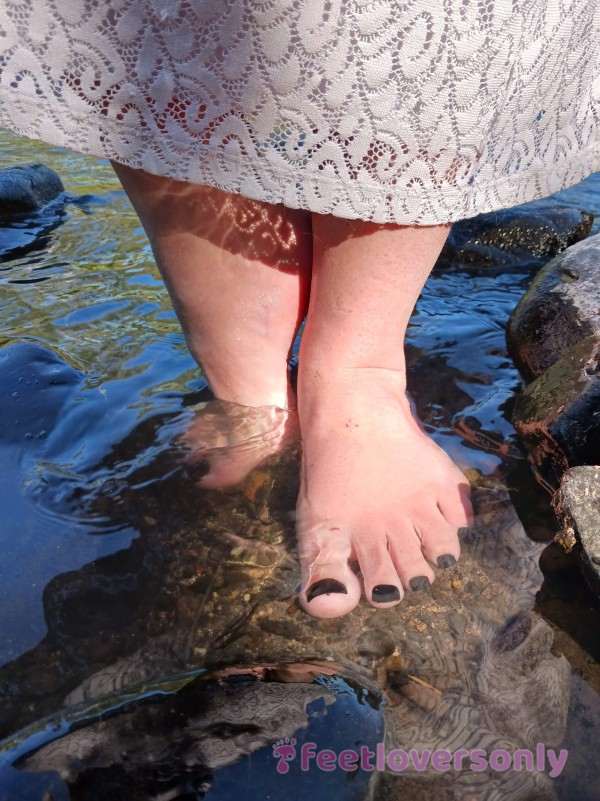 Standing In The River With My White Lace Dress P**king Over Ankles