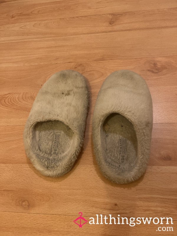 Stinky White Well Worn Slippers