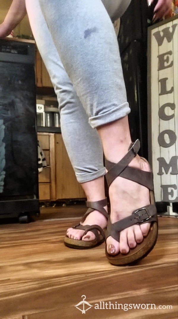 Strap Around The Ankle Sandals, Cork Bottoms, Foot Imprints, Strappy Sandals! Very Worn Very S**y