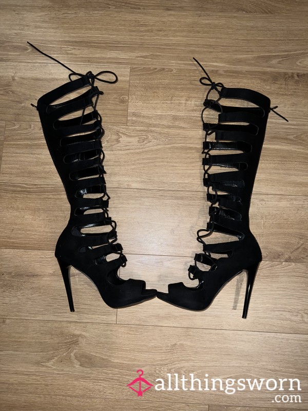 Strappy Suede Tie Up Black Boot Heels