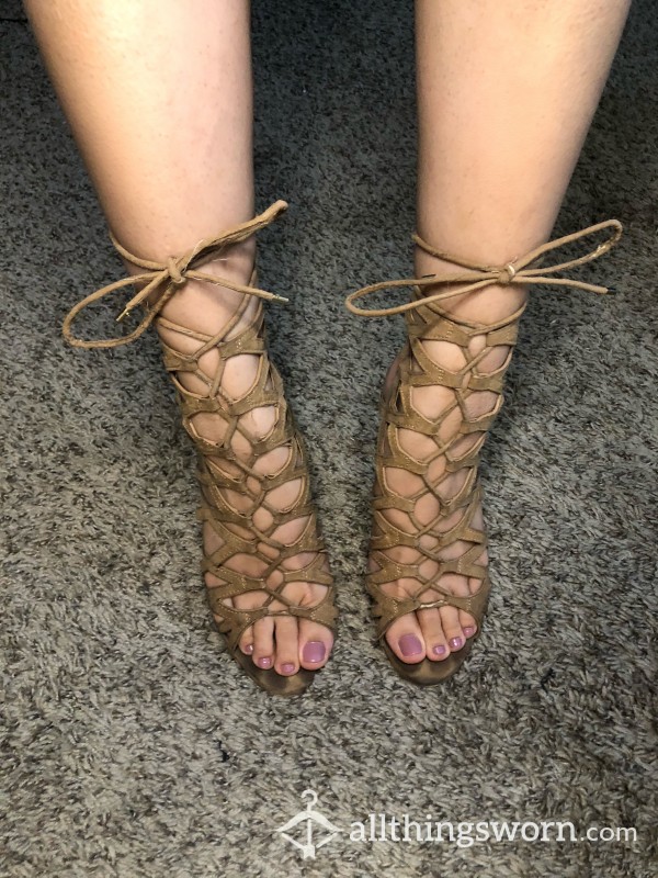 Well-worn Strappy Tan Super S**y High Heels!