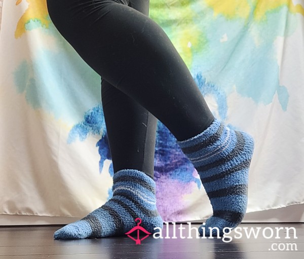 Striped Blue And Gray Fuzzy Socks