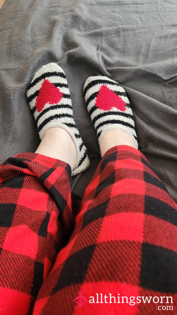 Striped Fuzzy Socks With Red Hearts