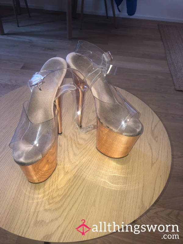 Stripper Shoes Well Worn, Metallic Shiny High Platform Heels, Pole Dance Shoe