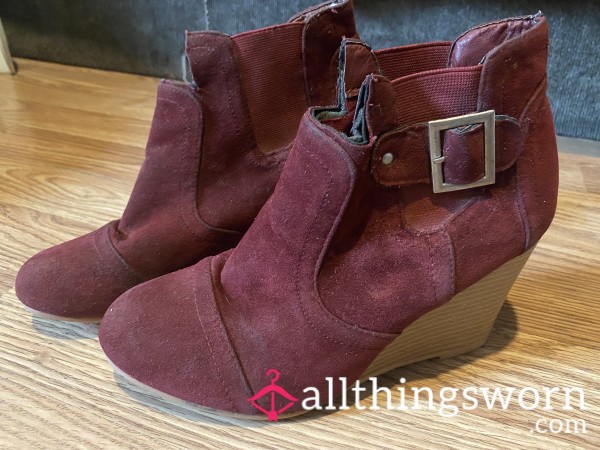 Suede Maroon Wedge Booties