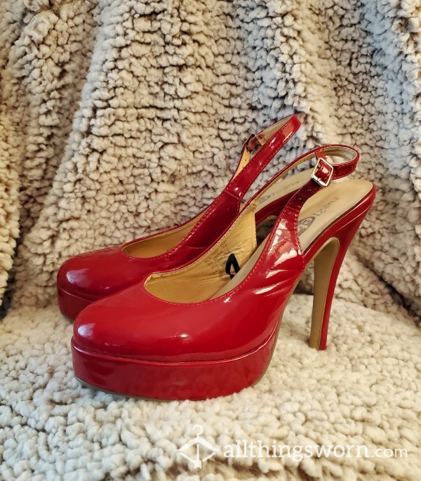 Super S**y Cherry Red Sling-back Heels - Size 8 - Well Worn & Loved