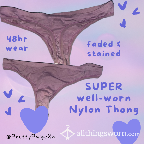 Super Well-worn & Old Thong 💜 Faded & Stained, Pink Purple Nylon 💕 Size Medium, 48hr Wear