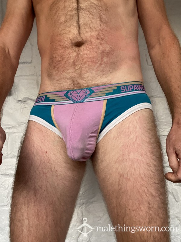 SORRY GUYS, SOLD!  Superwear Briefs Pink And Blue.  Well Worn With Stains