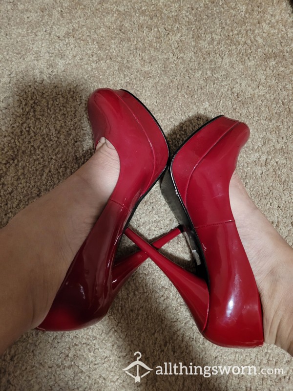 Sweaty And Dirty, Yet S**y And Shiny Patent Leather Red Guess Brand F**k Me Heels In Women's US 7.5. Heavily Worn In And Out Of The Boudoir