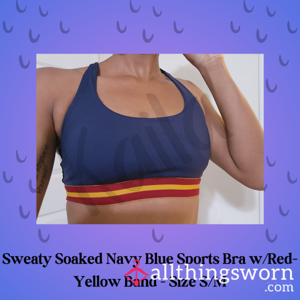 Sweaty And Soaked Navy Blue Sports Bra W/ Red And Yellow Band - Size S/M