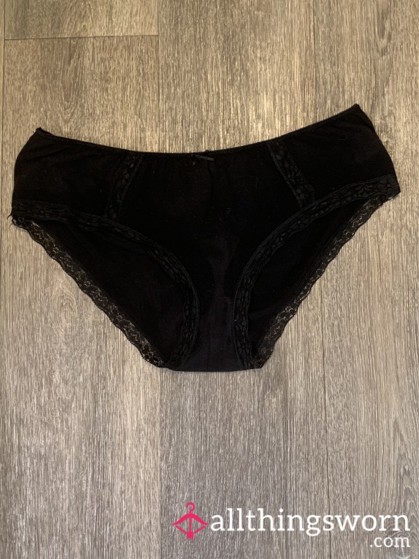 Sweaty Black Cotton Hipster Panties With Lace Trim