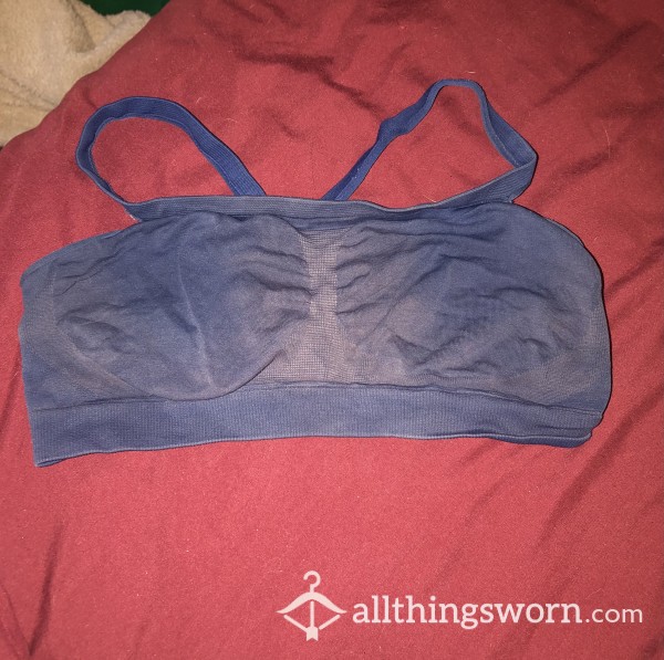 Sweaty Discolored Well Worn Blue Sports Bra